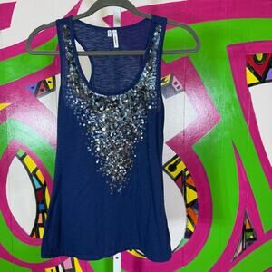 Studio Y, Sequin Embellished Navy Blue Racerback Tank Top. Size Small.